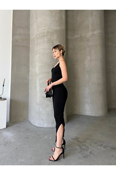 Gallogi V Yaka, Askılı Örgü Kemerli Maxi Triko Elbise