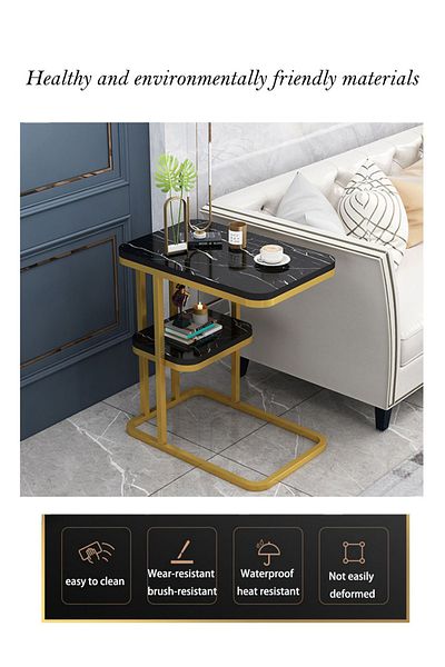 EqiEch C-Shaped End Table, 2-Tier Metal Frame Side Table for Living Room & Bedroom (Black)