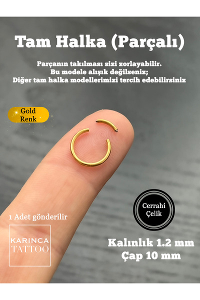 Karınca Piercing Altın Rengi 10 Mm Kalın Tam Halka Burun Orbital Kulak Piercingi