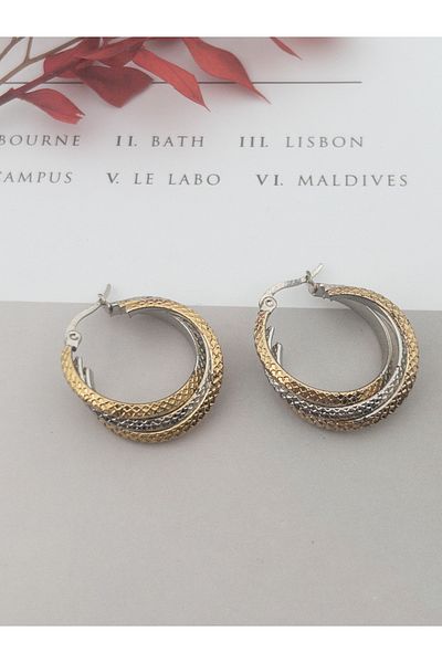 Siya Silver Tarnish Stainless Steel Two Color Patterned Coiled Twisted Earrings -2.5 cm