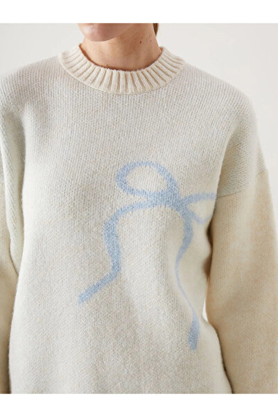 LC Waikiki LCW Modest Ekru Bisiklet Yaka Kurdele Baskılı Kadın Triko Kazak