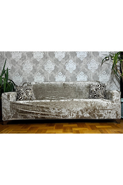 Hazineci Bey Husa de canapea elastica din catifea bej pentru 3 locuri - 1 hus...