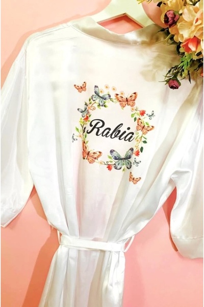 bridebyvictoria (with Your Name) White Satin Bridal Dressing Gown Bride Dressing Gown with Name Lettering Butterfly Detail
