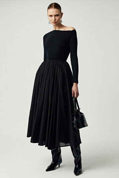 ETHIQUET Modest Women's Zipper Detailed Lined Gathered Voile Relaxed Black Skirt