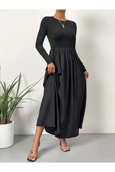 REKA MODA    Women's Long Sleeve Crew Neck Long Top Viscose Bottom Trikoton Dress