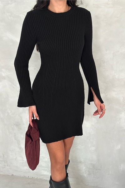 FEMELLE Rochie neagră de damă, mărime standard, tricotaj cu mâneci