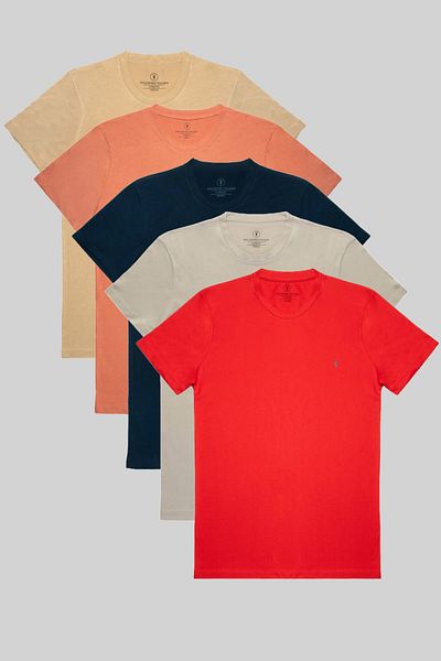 COMBİNE MİCHAİL Ανδρικό μπλουζάκι 5 Pack Crew Neck 100% βαμβακερό - Κόκκινο/Γκρι/Μπλε/Πορτοκαλί/Μπεζ