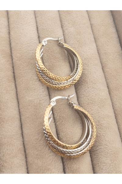 Siya Silver Kararmaz Çelik Iki Renk Desenli Sarmal Burgu Küpe-2,5 Cm