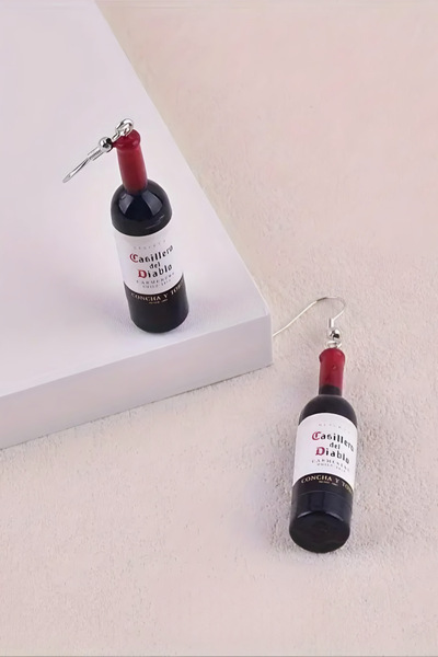 ELMATOLYE Şarap Şişesi Figürlü Üç Boyutlu Küpe Unisex Kadın Erkek Tasarım Küpe