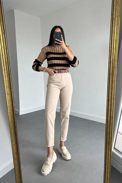 JAXEN Julia Jeans Γυναικεία Κρέμα Ψηλόμεση Lycra Mom Jenas Τζιν Παντελόνι