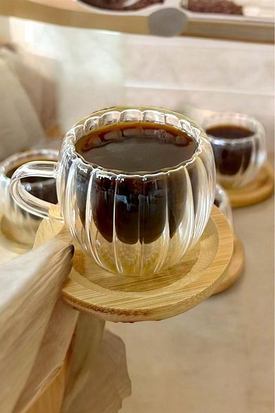 Sezka Life Borosilicate Double Walled Tea Cup with Wooden Base Heat Resistant Glass Coffee Cup