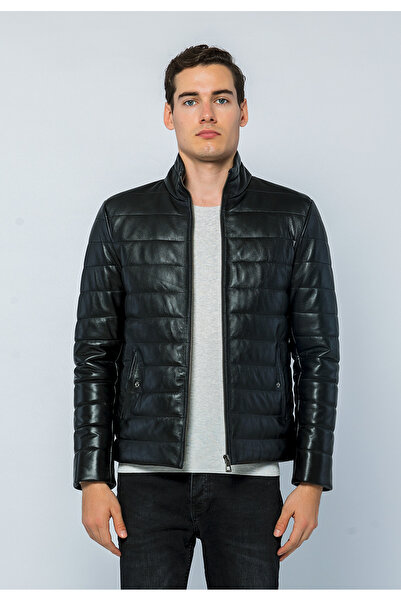 Basics&More سترة منتفخة من الجلد الطبيعي للرجال - 8488