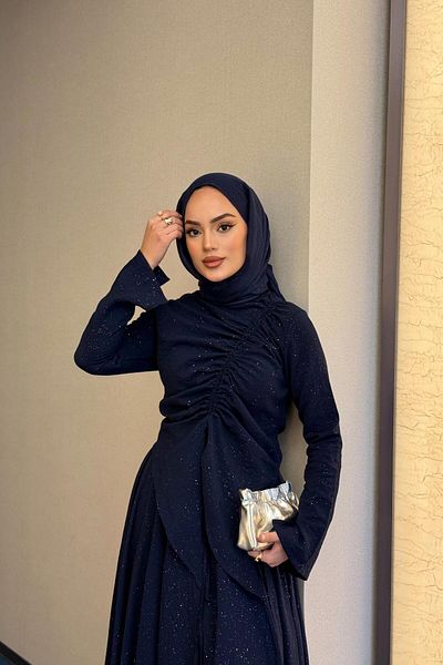 QUQA Glittery Drawstring Suit - Navy Blue