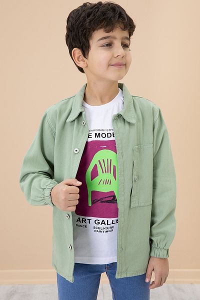 Cansın Mini Set 2 piese cămașă Jean pentru băieți - Tricou cu imprimeu verde 20029