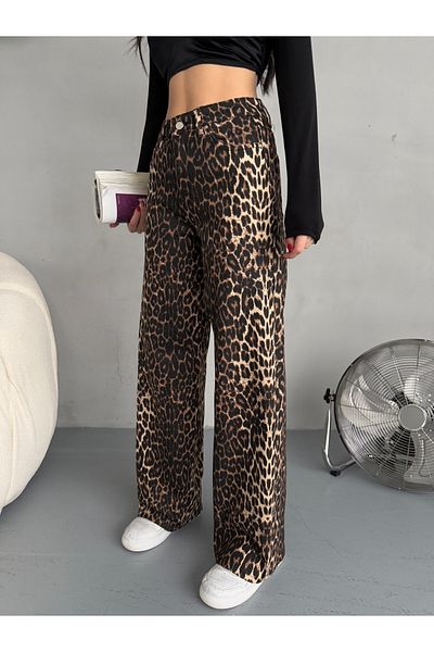 alanora Women's Leopard Pattern High Waist Lycra Wide Leg Pants