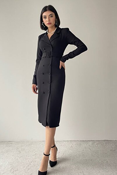 barış sülün lovebox Černé midi šaty - vycpané a podšité, s límcem typu blazer, s páskem - 319
