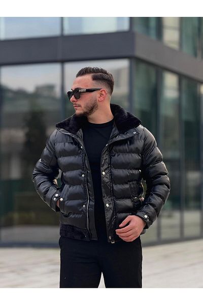 KINGAF ΧΕΙΜΕΡΙΝΟ ΠΟΥΦΑΝΤΟ ΔΕΡΜΑΤΙΝΟ ΠΑΛΤΟ ΜΕ ΓΟΥΝΑΖΙ ΚΑΙ ΦΟΥΣΤΑ