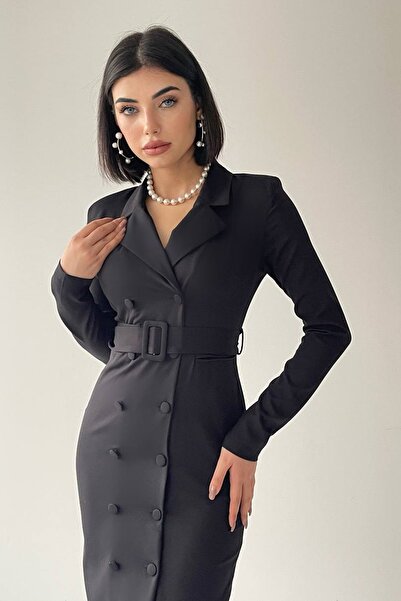 barış sülün lovebox Černé midi šaty - vycpané a podšité, s límcem typu blazer, s páskem - 319