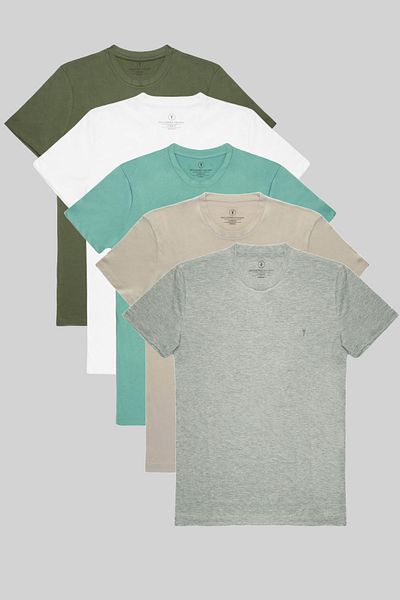 COMBİNE MİCHAİL Ανδρικό μπλουζάκι 5 Pack Crew Neck 100% βαμβακερό - Grimelanj, Γκρι, Cagla, Λευκό, Χακί