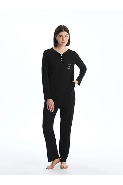 LC Waikiki Lcw Dream Black V-Neck Embroidered Women's Pajamas Set