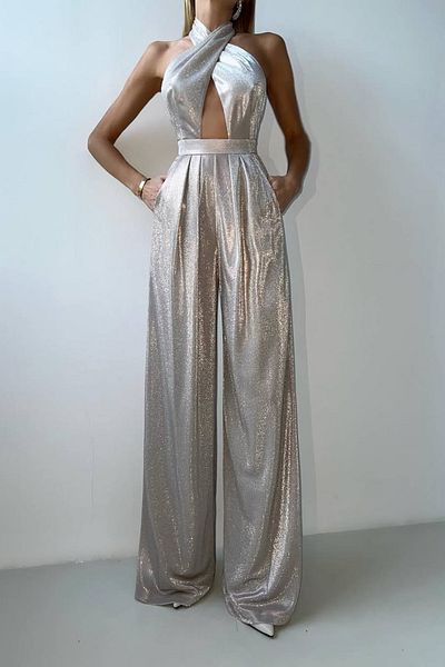 Neşeli Butik Women's Silvery Palazzo Back Cross Detailed Jumpsuit Nbdf134