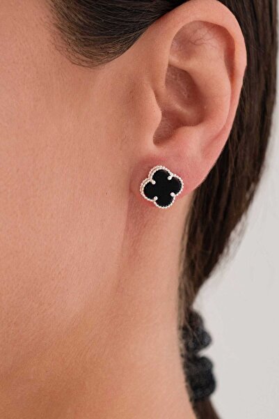 AcestesDesign Yonca Şans Çiçeği Şık ve Zarif Tasarım Siyah Oniks Renk Taş Alt...