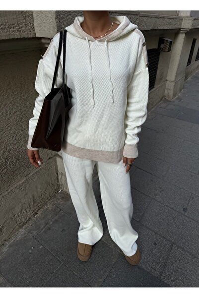 Bubble Women's Beige Ecru Oversize Hooded Shoulder Button Detailed Knitwear Sweatshirt Trousers Double Set