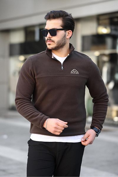 Miron Καφέ φούτερ Unisex με κεντημένο γιακά με μισό φερμουάρ Fleece - 2321