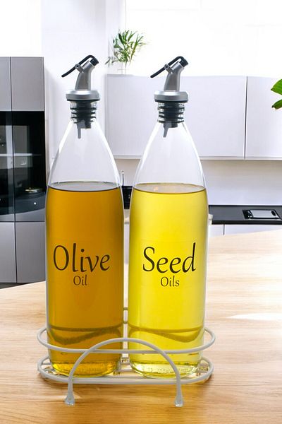 Digithome Aura Cream Colored Set of 2 Oil Pots with Metal Stand - Glass with Clear Label 1000 Cys-18