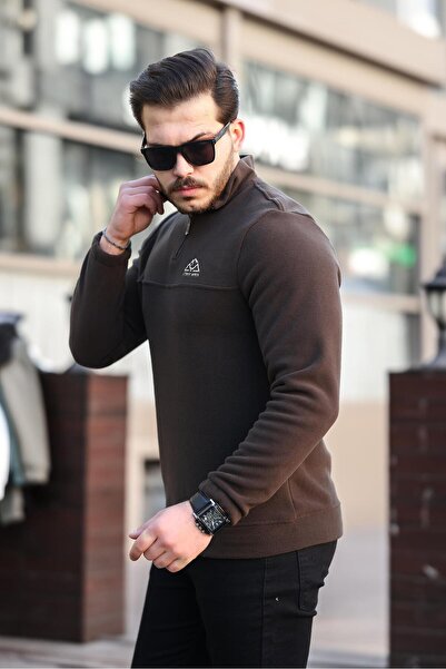 Miron Brown Unisex Embroidered Stand Collar Half Zipper Fleece Sweatshirt- 2321
