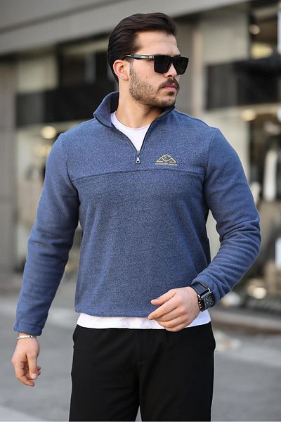 Miron Μπλε Unisex Κεντημένος γιακάς με μισό φερμουάρ Fleece φούτερ- 2321