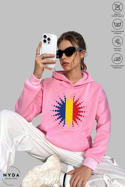 Nyda Collections Unisex μακρυμάνικο φούτερ με κουκούλα Ρουμανίας με στάμπα με κουκούλα Oversize βαμβακερό φούτερ