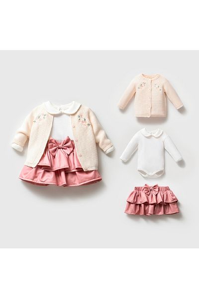 Nipperland Lora Baby Girl Set with Ruffled Skirt and Knitwear Cardigan