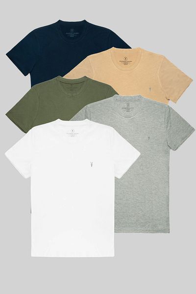 COMBİNE MİCHAİL Ανδρικό Σετ T-shirt 5 τεμαχίων - 100% βαμβάκι, Navy Blue-Beige-Khaki-Grimelange-White, Standard Fit