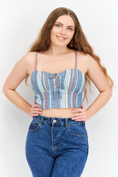 LUCKY BRAND Women Tie Neckline Sleeveless Stripe Crop Top, Blue Combo