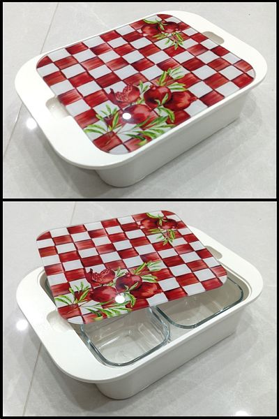 Pinkev 4-Piece Glass Lid Melamine Tray Breakfast Set - Pomegranate Patterned