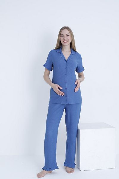 Miss Dünya Lissa Front Button Shirt Collar Adjustable Waist Elastic Woven Maternity and Maternity Pajamas Set