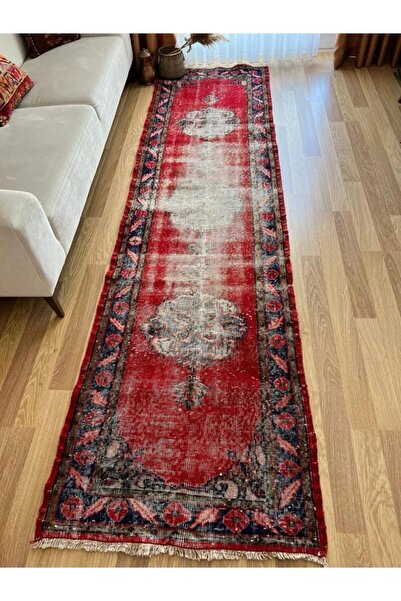 DesignEv 88x336 cm Antika Yolluk, Vintage Uzun Koridor Halısı, Kırmızı El Dok...