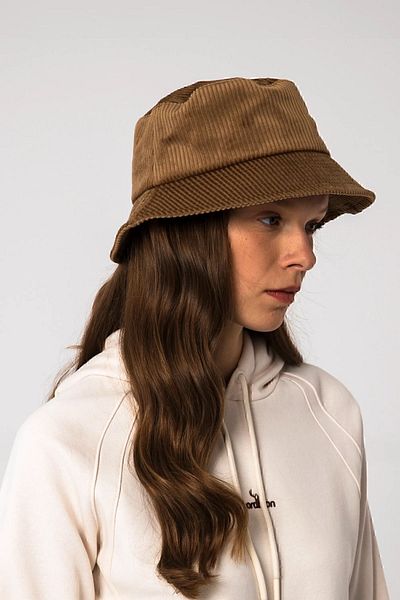 Nordbron Unisex Brown Velvet Patterned Basic Bucket Bucket Model Hat with Wide Logo Leather Label Detail