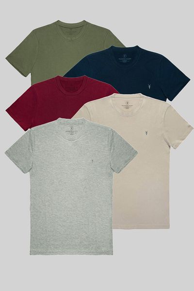 COMBİNE MİCHAİL Ανδρικό Σετ T-shirt 5 τεμαχίων - 100% βαμβάκι, Standard Fit, Khaki-Navy Blue-Burgundy-Grey-Grimelange