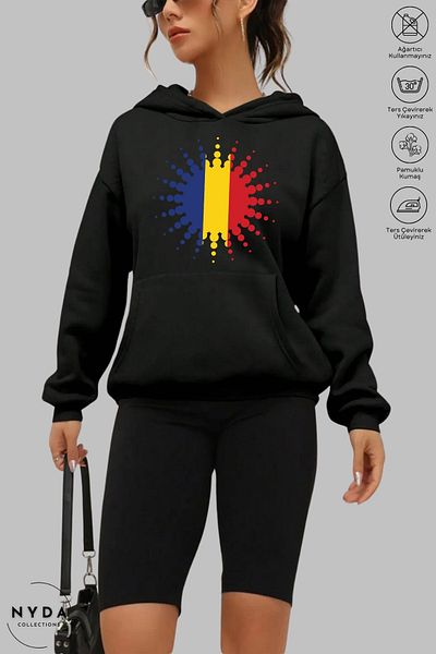 Nyda Collections Unisex Hoodie Long Sleeve Romania Printed Hooded Raster Oversize Cotton Sweatshirt