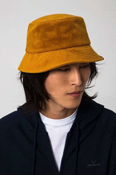Nordbron Unisex Yellow Belluno 100% Cotton Basic Velvet Bucket Hat Wide Leather Label Detailed Bucket Belluno