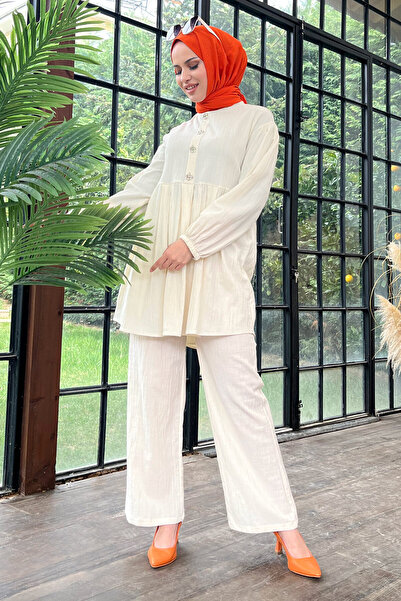 TOFİSA Weiße Tunika-Hose für Damen mit geradem Rundhalsausschnitt – 11629