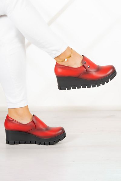Erkan Saçmacı Gloria Red Genuine Leather Daily Wedge Heel Shoes