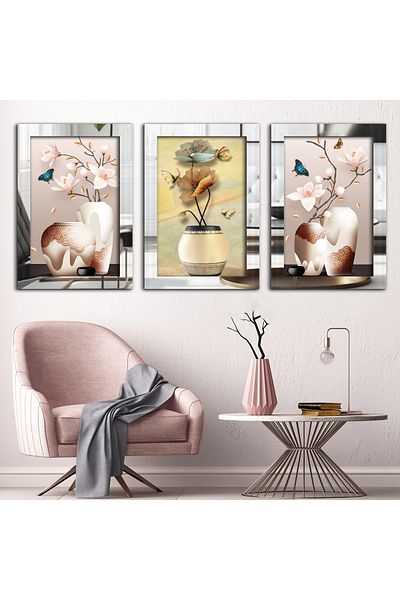 Evinemoda Vază Flori Argintiu 3 Piese Plexi Oglindă Tabel