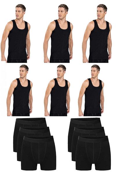 Belifanti Collection Men's Cotton 6-Piece Black Undershirt and 6-Piece Black Boxer 12-Piece Set