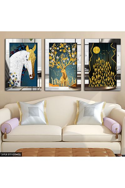 Evinemoda Silver Horse Fish Butterfly Silver 3 Piese Plexi Mirror Table