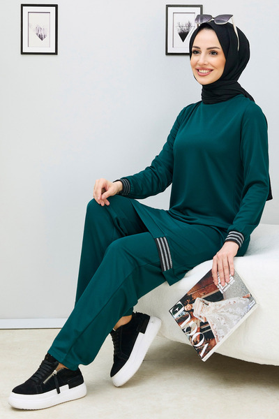 TOFİSA Straight Crew Neck Women's Green Tunic Pants - 11352