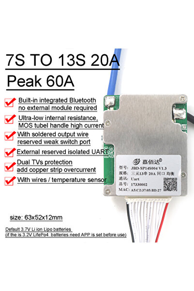 Choice لوحة حماية بطارية ليثيوم 7S -13S 20A 60Apeak JBD Bluetooth 7S إلى 14S ...