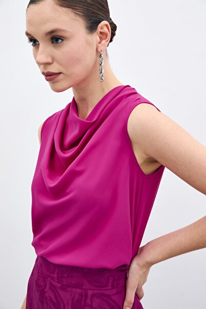 Sateen Degaje Yaka Şifon Bluz - Fuşya